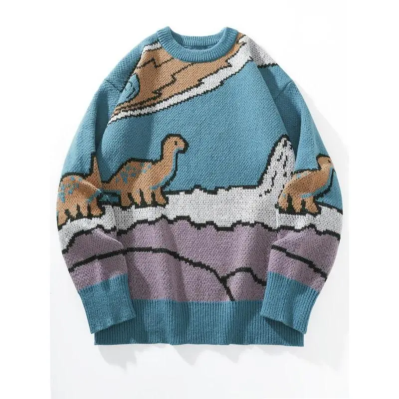 2026 Men's Cartoon Dinosaur Print Drop Shoulder Sweater Casual Regular Fit Long Sleeve Round Neck Jumper for Fall Winter Fashion Knitwear for Daily Wear Street Style Top, cozy sweater, men apparel
