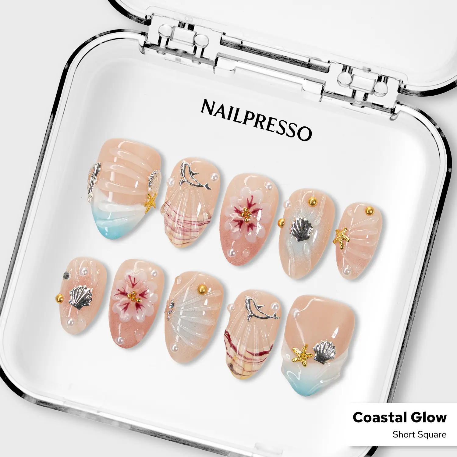 Nailpresso | Coastal Glow Almond 100% Handmade 3D Press-On Nails | Reusable Long-Lasting Salon-Quality | Beach Inspired With Dolphin and Coral Details
