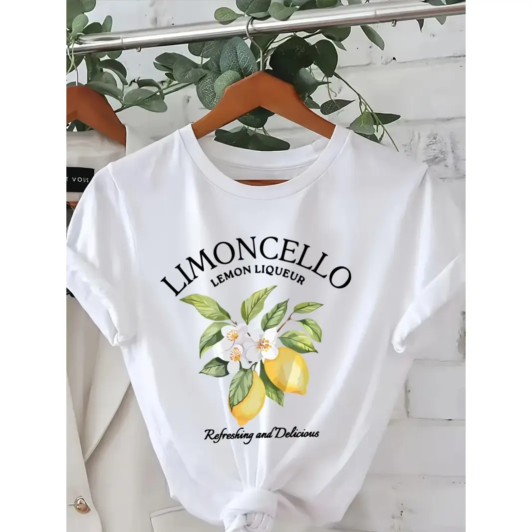 Womens Cotton Graphic Tee Lemon Floral Print Short Sleeve Crew Neck Casual Summer Vacation Outfit Top Cute Citrus Aesthetic Everyday Street Style Gift
