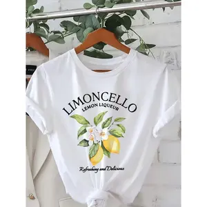 Womens Cotton Graphic Tee Lemon Floral Print Short Sleeve Crew Neck Casual Summer Vacation Outfit Top Cute Citrus Aesthetic Everyday Street Style Gift