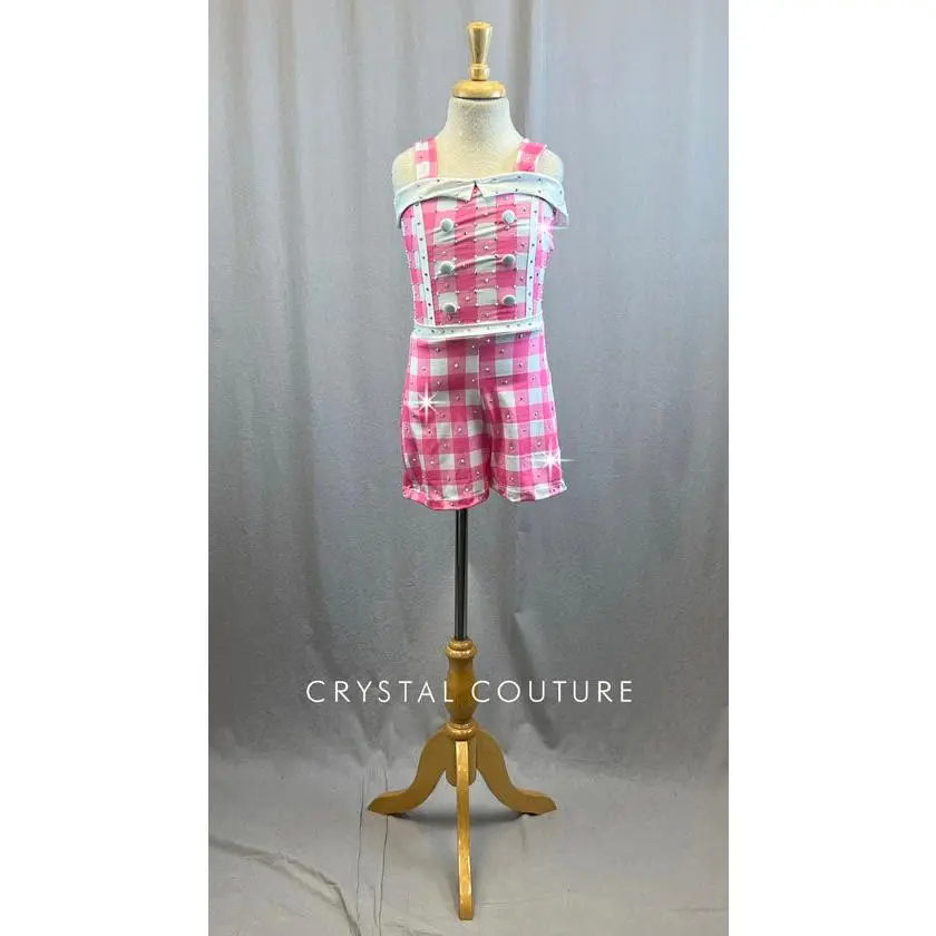 Baby Pink and White Checkered Romper with Buttons