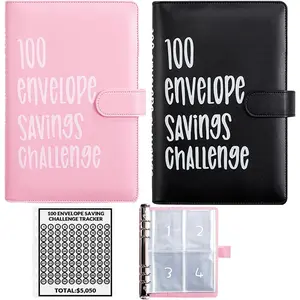 2PCS 100 Envelopes Money Saving Challenge Binder Budget Binder with Cash Envelopes to Reach Your $5050 Savings Goals Pink+Black