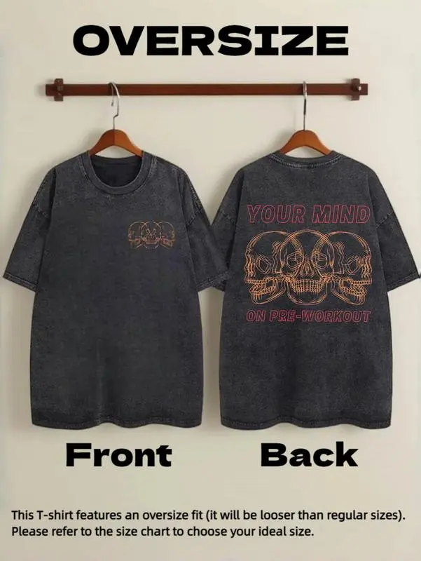 Men'S & Women'S Vintage Washed Oversized Black T-Shirt - Funny Pre-Workout Motivational Skull Graphic Tee with "Your Mind in The Pre-Workout" Slogan -y2k,Vintage,Streetwear Christmas Cyber Monday