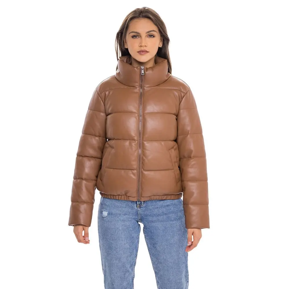 Women's Faux Leather Puffer Jacket Puffy Coat - S.E.B. By SEBBY Toffee Small