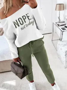 【Plus Size】 Letter Print Drop Shoulder Tee & Drawstring Waist Pants Two-Piece Set, Casual Matching Set, Casual Fashion Cozy Long Sleeve Boat Neck Top & Pocket Trousers for Daily Outdoor Wear, Women's Clothing for Fall, Casual Loungewear Set