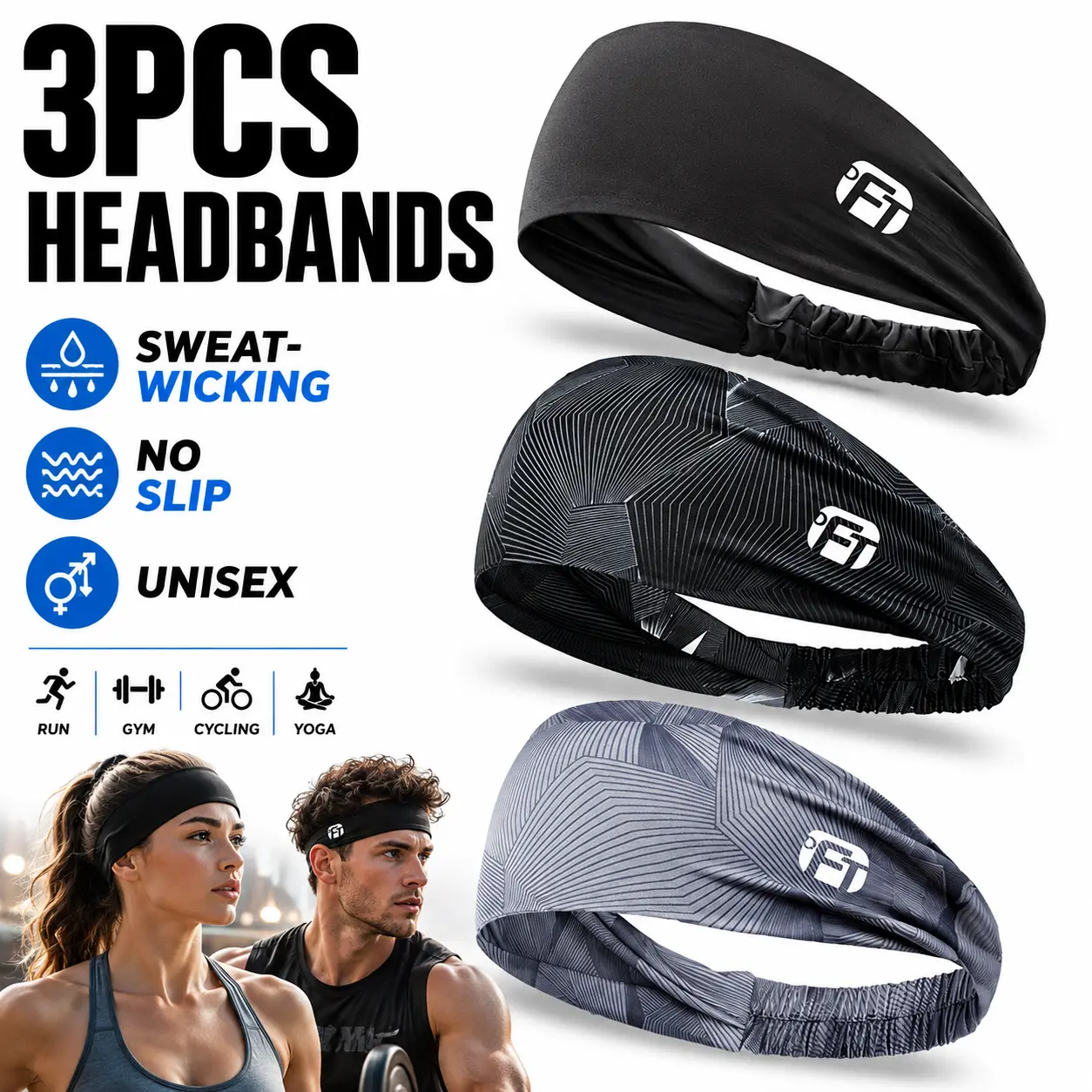 3PCS Sweat-Wicking Sports Headbands for Men Women, Non-Slip Workout Head Wraps, Breathable Stretch Hair Bands for Running Gym Yoga Cycling