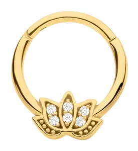 Gold PVD Lotus Flower Clear CZ Stainless Steel Hinged Segment Ring