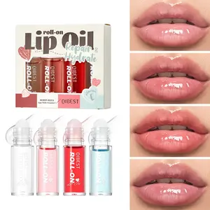Water Gloss Multi-Color Lip Oil Set, Moisturizing Fruit Flavor Lip Balm, 4 Colors, Women's Plump Lips Care Essential Oil
