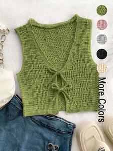 women's solid tie front sweaters vest, casual crochet sleeveless vneck top for summer, ladies clothes for daily wear, sweaters for women, womenswear, shrug vest, crop tops, casual comfy vest