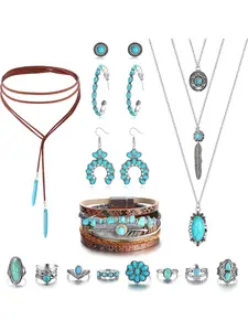 17 Pcs Turquoise Boho Western Jewelry Multipack for Women Men Vintage Alloy Ornament Bundle in Fresh Green Tones Choker Necklaces Leather Wrap Cuffs Drop Hoop Earrings Stackable Knuckle Rings Timeless Turquoise Elements for Bohemian Retro Styling