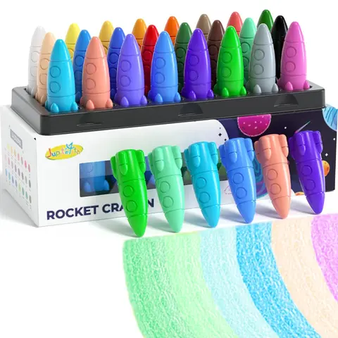 JUPITEARTH Rocket Shape Crayon Box Art Crafting Kit - Unisex 12+24 Color Mix, Water-Based Non-Toxic Washable, Comfortable to Hold Easy Grip Toddler Supplies, Family & Classroom Prize Drawing Tools