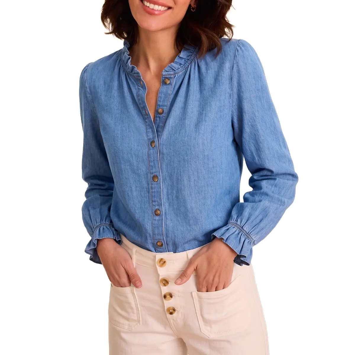 Sidefeel Womens Ruffle Button Down Denim Shirts | Frilled Neckline and Cuff,Puff Long Sleeve,Stand Collar,Relaxed Fit,Lightweight Fall Outfit,Jean Blouse Top