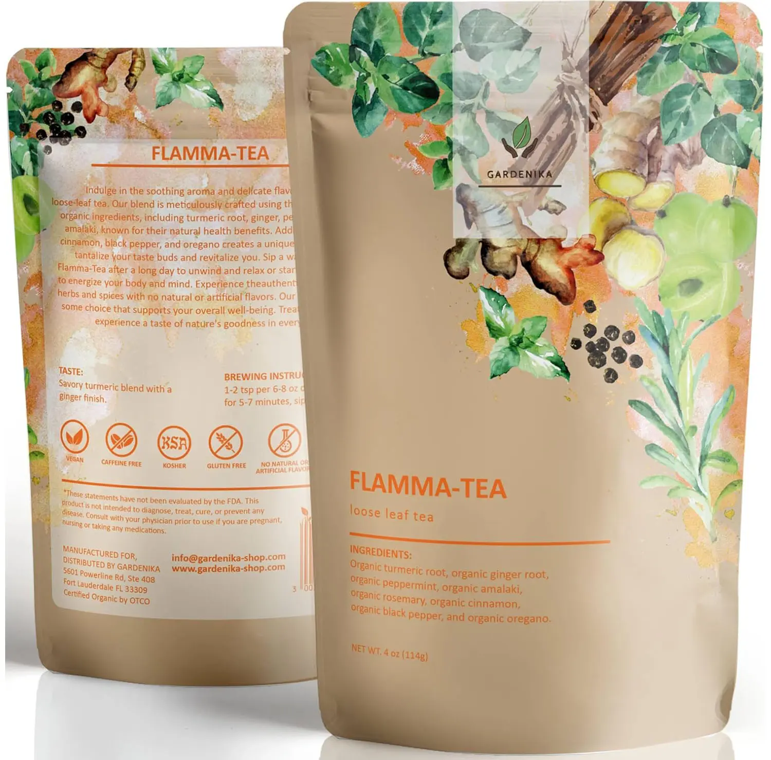 Gardenika Organic Flamma-tea Loose Leaf Tea | Premium Turmeric Ginger Blend with Cinnamon, Peppermint & Black Pepper | 100% Natural, Caffeine Free Herbal Wellness Tea | 4oz (113g)