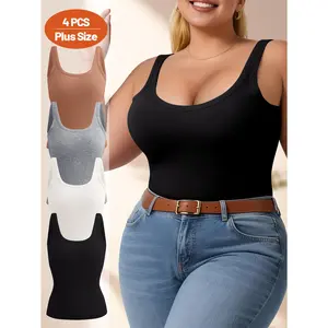 QUASTI Plus Size Ribbed Tank Tops for Women, Wide Strap U-Neck Slim Fit Cami Tops, Waist Shaping Basic Daily Sleeveless Shirts, More Combinations For Your Choice, Ultimate Summer Basic: Soft Ribbed Tank Top, 1XL-5XL