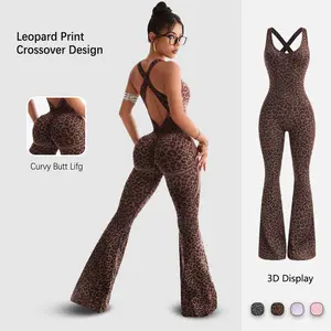 Summervibes Women's Leopard Flare Bodysuit - Snatched BBL Effect Butt Lifting Jumpsuit, Sexy Backless Criss-Cross One Piece Workout Suit, Tummy Control Flare Leggings for Gym Yoga Outdoor Fun, Y2K Aesthetic Slim Fit Athleisure Romper, Squat Proof