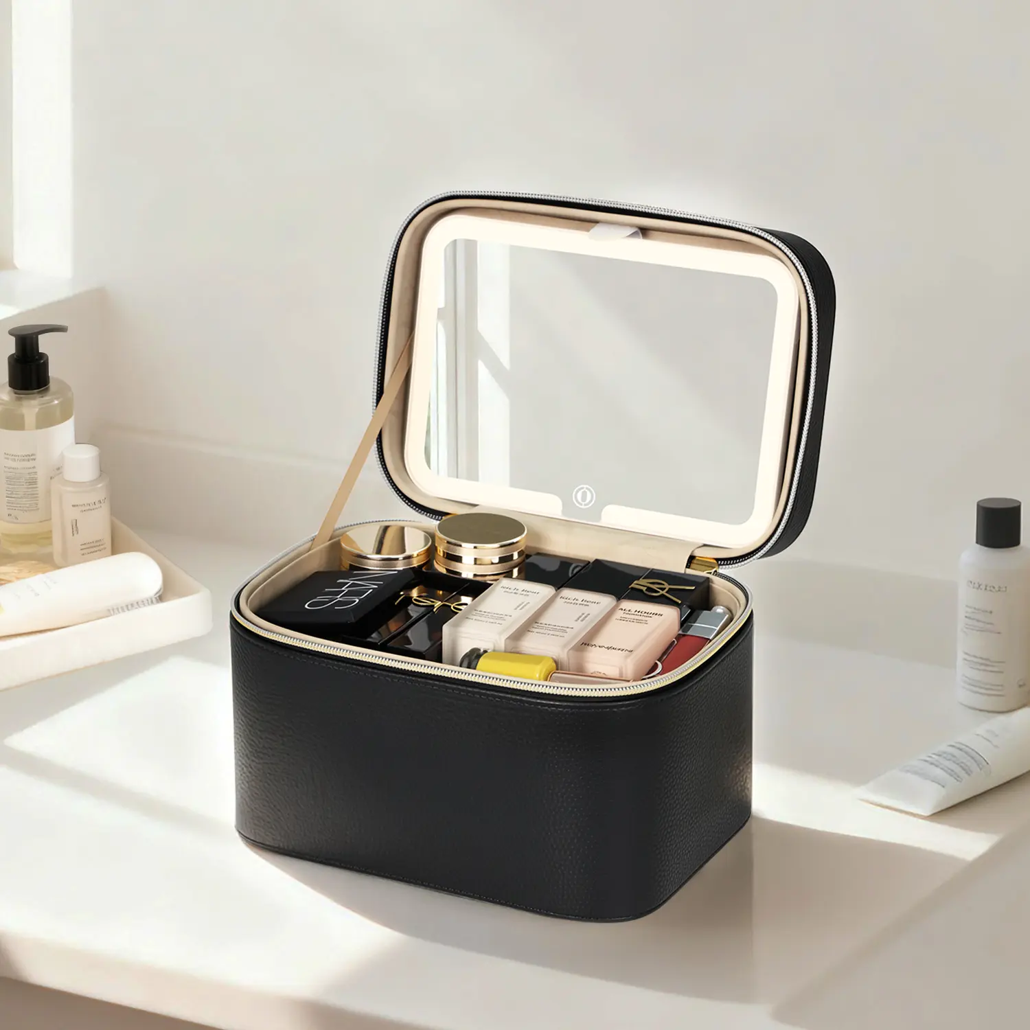 Cosmetic Makeup Box, Organizer Vanity Case for Women, Beauty Tools Accessories Case Rechargeable, Large Capacity Portable Cosmetic Bag, Travel Makeup Bag with LED Lighted, Zipper Makeup Case with Mirror 3 Color, Waterproof Makeup Organizer with Handle,