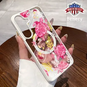 Magnetic Phone case Compatible with Galaxy S23 Ultra S24 Plus FE S25 S22+ Pink Turtle Reverie Pattern Non-Yellowing Shockproof Soft Silicone Transparent Acrylic Cover Supports Wireless Charging