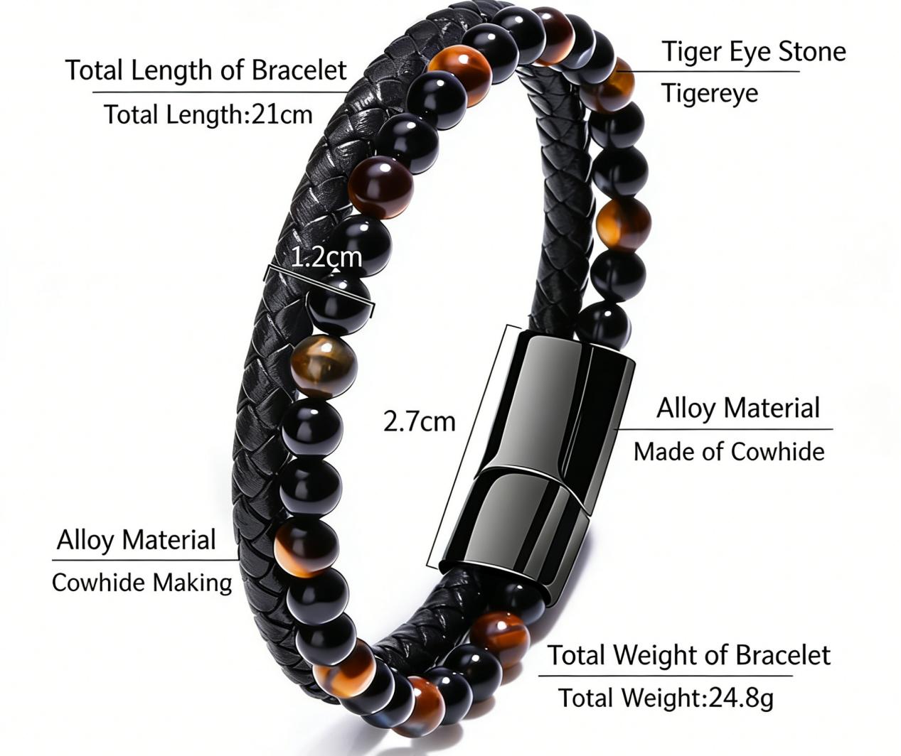 Hand Star Leather Black Onyx Tiger Eye Stackable Tennis Chain Bracelet 6mm Beads 12mm Band Sweat-Resistant Anti-Tarnish Classic Design