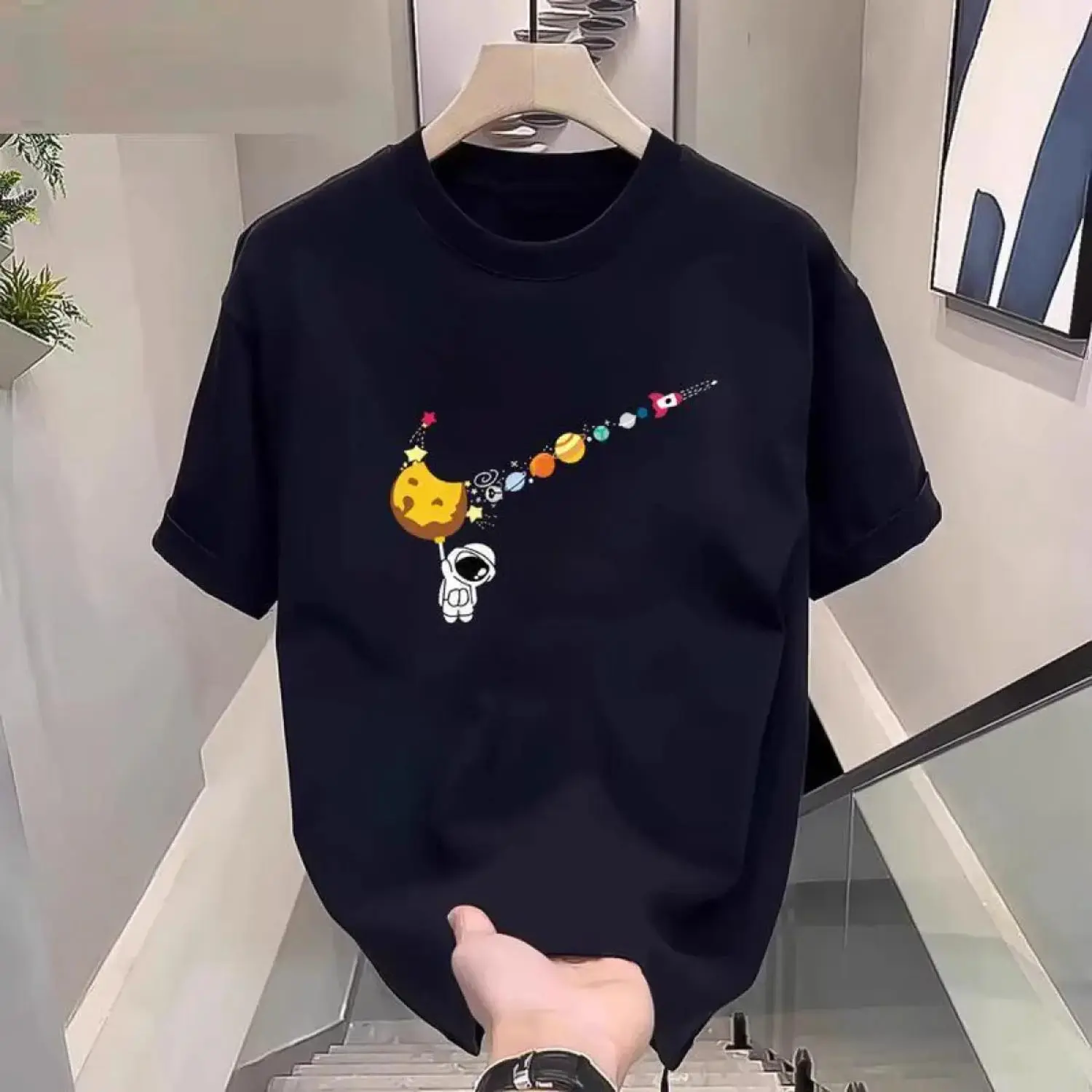 Celestial Space Planet Graphic Cotton Unisex T Shirt Breathable Galaxy Design Casual Summer Apparel for Men and Women
