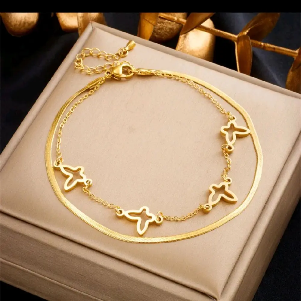Tobillera De Doble Capa De Acero Inoxidable Con Corazón Mariposa Concha Perla Artificial Para Mujer Joyería De Pie Dorada Elegante Minimalista
