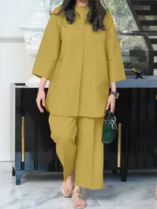 Women's Two-Piece Set, Button-Up Top & Loose-Fit Straight-Leg Pants, Casual, Minimalist, Woven, Comfortable & Stylish, Perfect for Daily Wear, Outfit