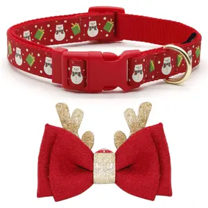 Christmas Dog Collar with Antler Bow Tie Adjustable Snowman Xmas Collar