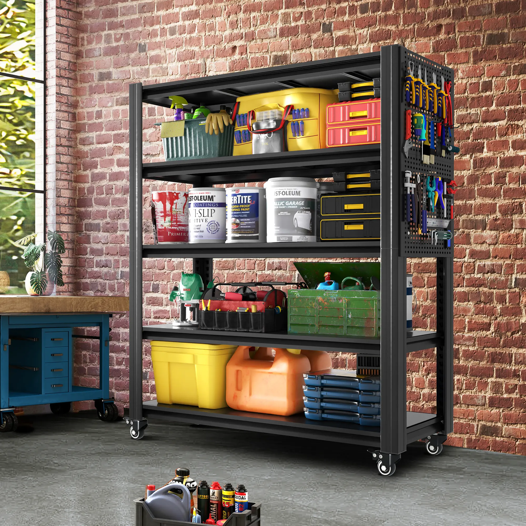 5-Tier Heavy Duty Metal Shelving Unit with Wheels, Pegboard, 47.2"W x 23.6"D x 72"H Adjustable Garage Storage Rack, 2000LBS Capacity, Black
