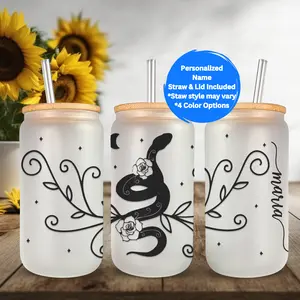 Snake Celestial Personalized Name Glass Can Tumbler, Iced Coffee Cup Glass With Straw And Lid, 16 Or 20 oz Custom Glass Soda Can Cup, Reptile Beer Can Glass, Custom Personalized Drinkware