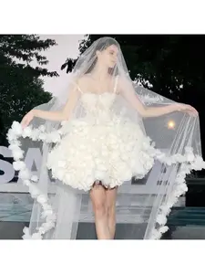 Bridal Wedding Ultra Fairy Head Veil Simple French Wedding Dress Accessories Iris Flower Long Trailing Veil