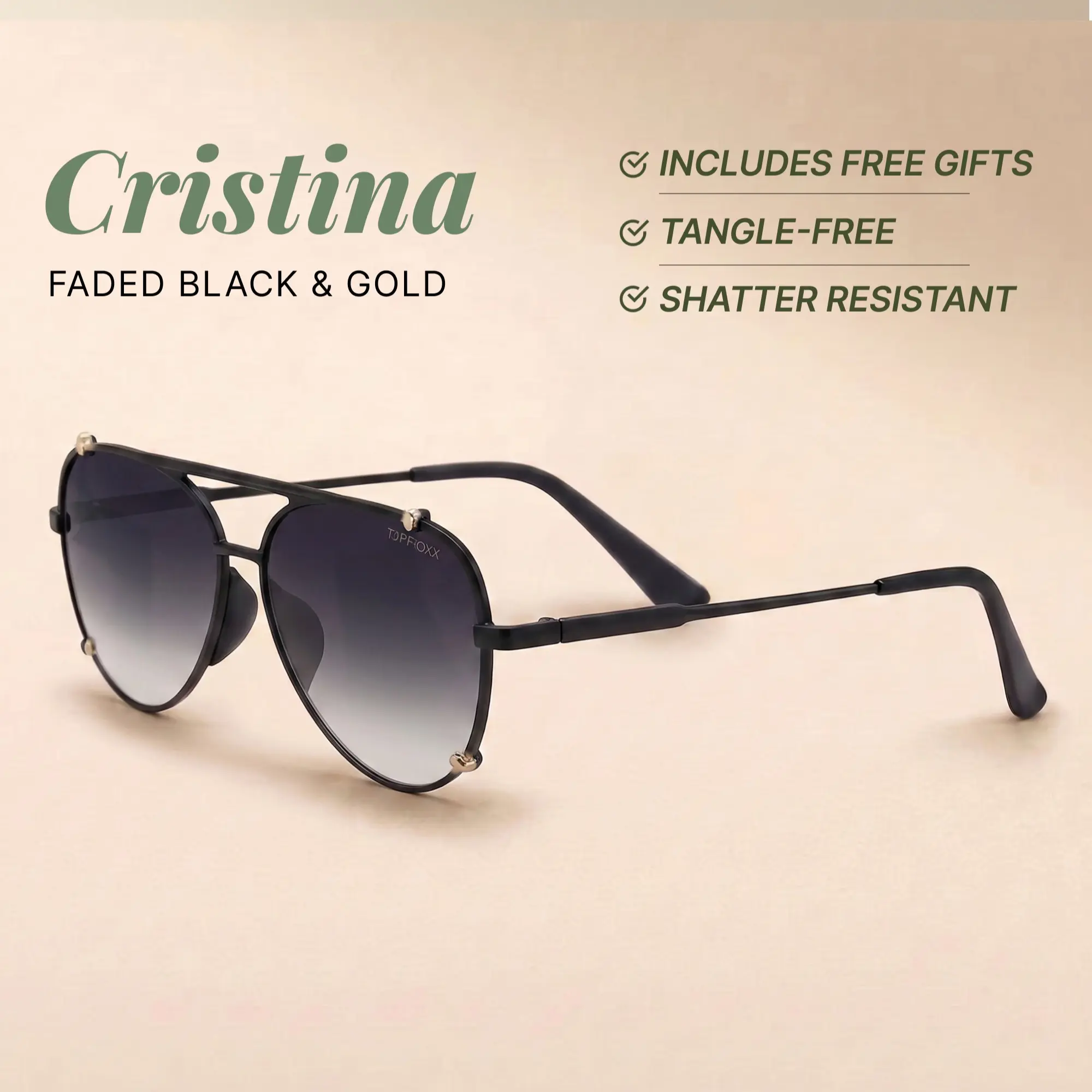 Cristina - Faded Black & Gold - Tangle Free Round Aviators Sunglasses - Certified Shatter-Resistant Lenses - UV400 - For Women & Men