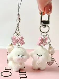 Cute Plush Dog Keychain, Sweet Bow Heart Pomeranian, Phone Chain Bag Charm, Fuzzy Pendant, Healing Gift, Companion Gift, Kids Gift, Couple Gift, Keychain Kawaii
