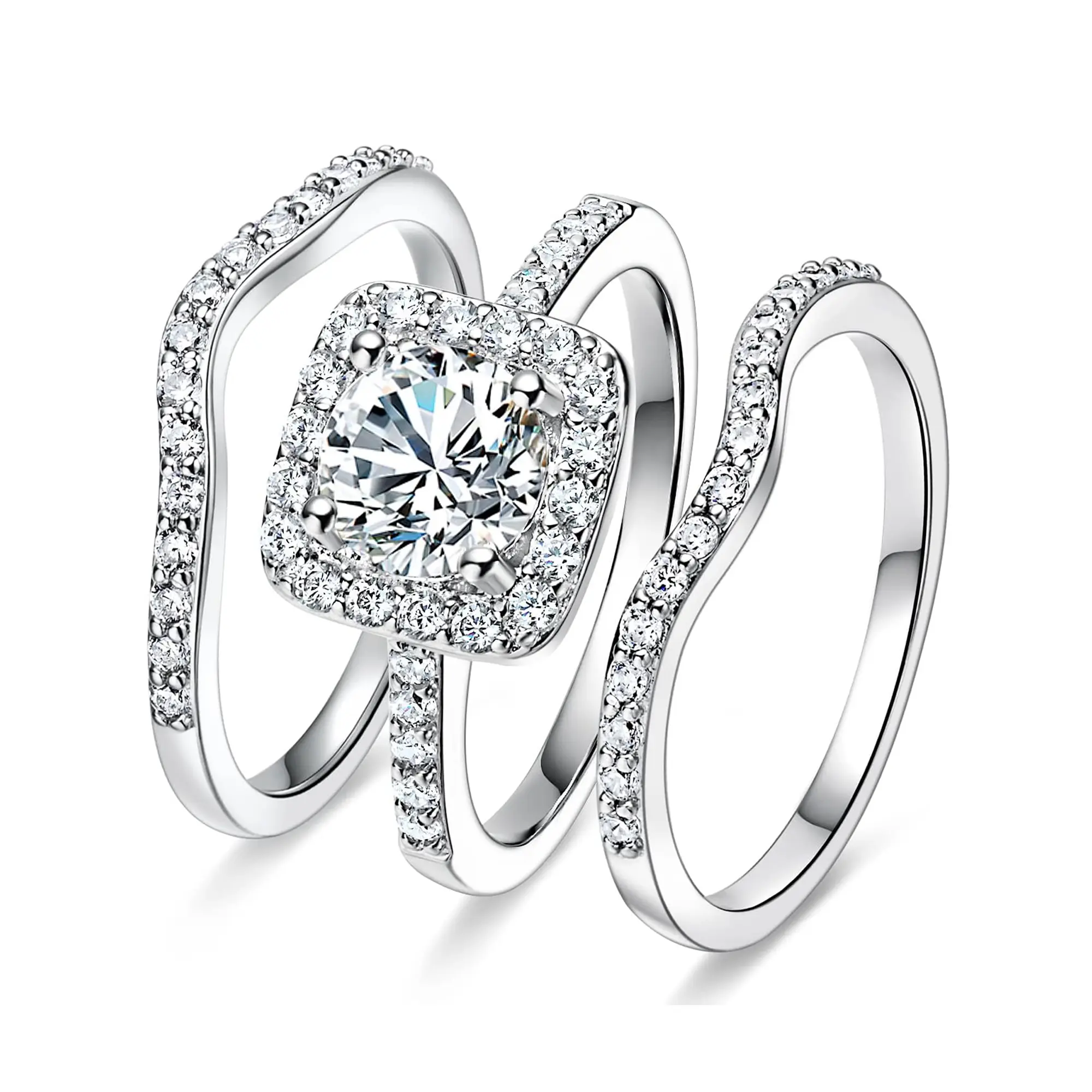 Women's Vintage Princess 3-Piece Stackable Cubic Zirconia Set, 1.5 CT Cushion Halo Diamond Simulant Engagement Band, Curved Wavy Eternity Promise Ring for Girlfriend, Daily Wear Birthday Gift, Cubic Zirconia Rings, Diamond Simulant Rings