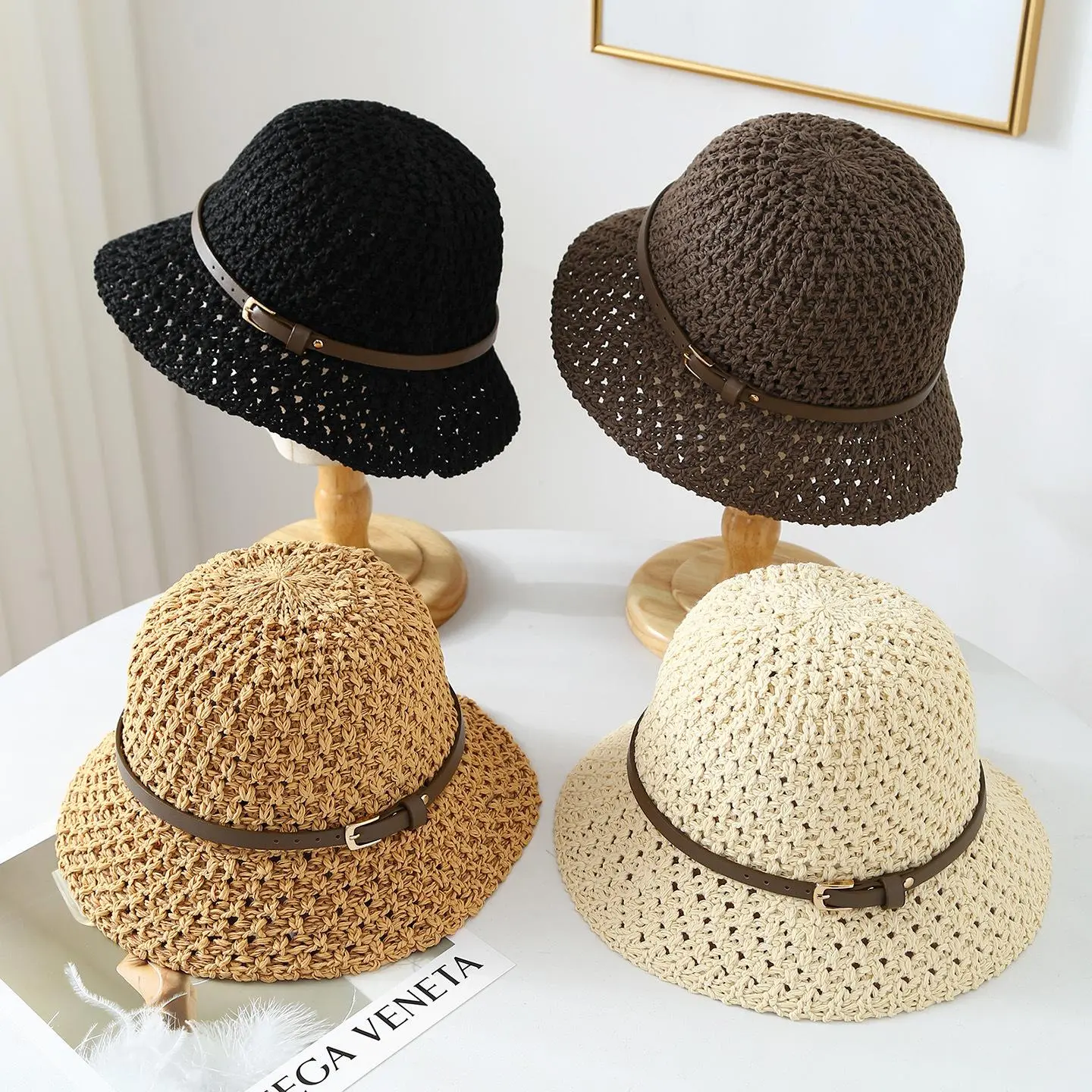 Women's Handmade Crochet Simple Straw Bucket Hat - Slip-On, Hollow Knit, Faux Leather Trim, Wide Brim, UV Resistant, Cooling Sun Protection, Lightweight, Breathable, 20 × 16 × 8 Cm, Elegant Headwear, Do Not Wash, Ideal for Summer Beach & Daily Casual Use