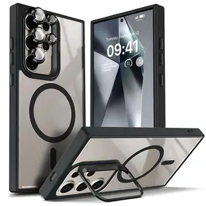 Metal Lens Kickstand Case for Samsung Galaxy S25 S24 Ultra Plus S23 Ultra, compatible with Magnetic MagSafe Charging, with Camera Lens Protector, Clear Acrylic Transparent Case