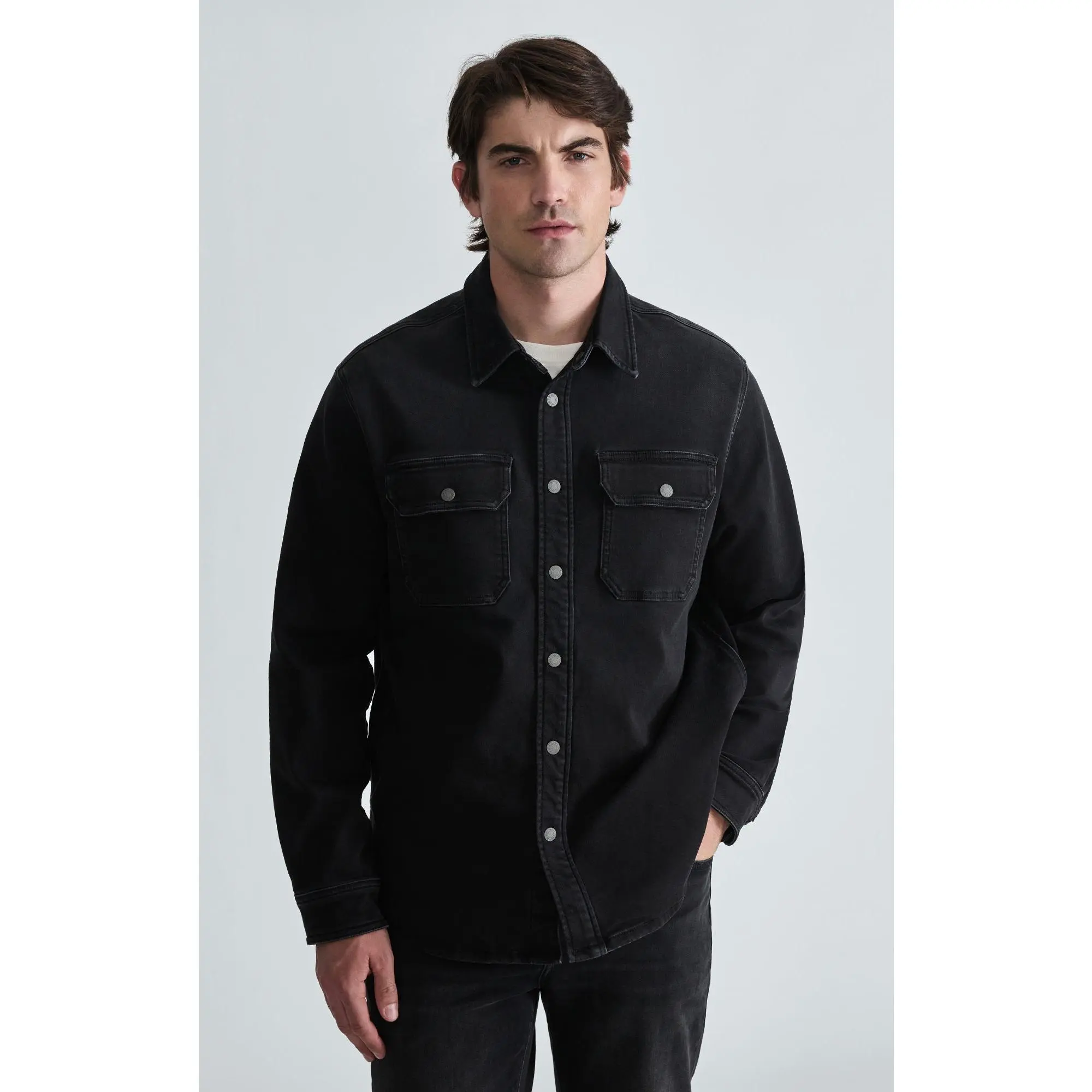 Menswear Asher Denim Overshirt - Long Sleeve, Casual, Classic Style, Smoke Explorer Color - Ideal for Easy Matching
