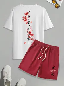 Men's 2-Piece Set, Text and Floral Graphic Print Round Neck T-Shirt + Outdoor Sports Drawstring Shorts, Summer Casual Wear