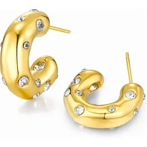 SNGIA 18K Gold Plated CZ Hoop Earrings for Women Dainty Thick Half C Shape Stud Hoops with Sparkling CZ Stones