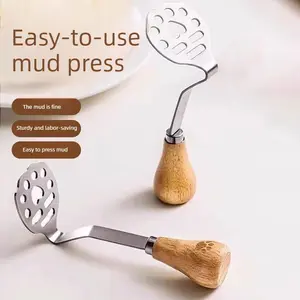 Stainless Steel Wooden Handle Bear-Shaped Potato Masher, Soil Presser, Crushing/Chopping Tool for Home Baking, with Straining Spoon — Kitchen Utensil