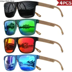 4PCS Wood Grain Spring Hinge Sunglasses, UV400 Retro Square Frame for Daily Wear