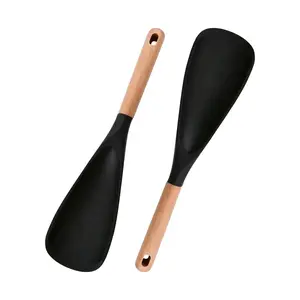 2 Pcs Heat-Resistant Silicone Cooking Spoons & Spatulas with Wooden Handles, Nonstick Cookware Safe Utensils for Baking Stirring