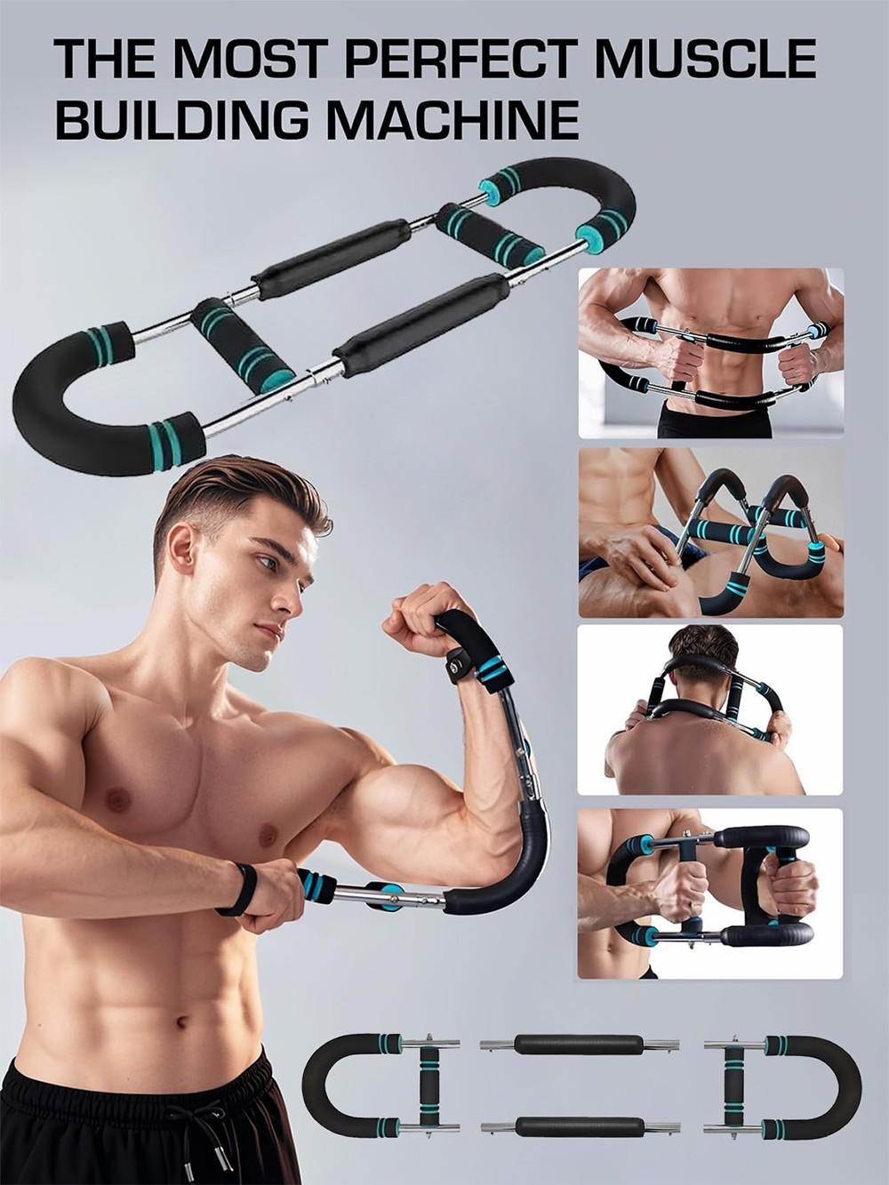 Upper Body Muscle Builder Suitable for All Fitness Levels, Portable Chest Clip Trainer with Elastic Spring, 60-100lb Adjustable Power Twister Bar, Home & Gym Dual-Use Training Device