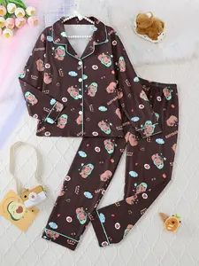 Sleepwear Set, Long Sleeve Top & Elastic Waist Pants, Fire Retardant Knit Fabric, Cartoon Capybara Print, All Seasons, Boys' and girls' pajamas, Soft Casual Pajamas