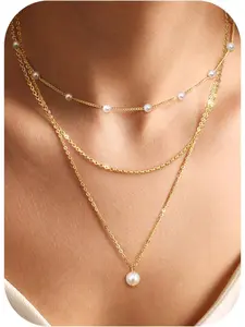 3Pcs Layered Necklace - 14K Gold Plated Choker Necklace with CZ Disc Heart Cross Coin Pearl Beaded Pendant - Gold Jewellery for Women - Includes Jewellery Box