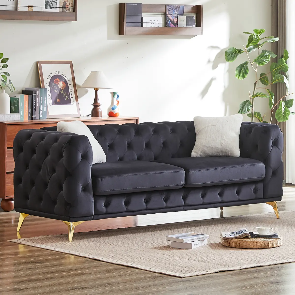 3 Seater Sofa Couch, 82.5-inch Oversized Chesterfield Vintage Mid Century Modern Velvet Fabric Upholstered Button Tufted Deep Seat Sofa Couch with 2 Throw Pillows for Living Room Office Apartment, Black