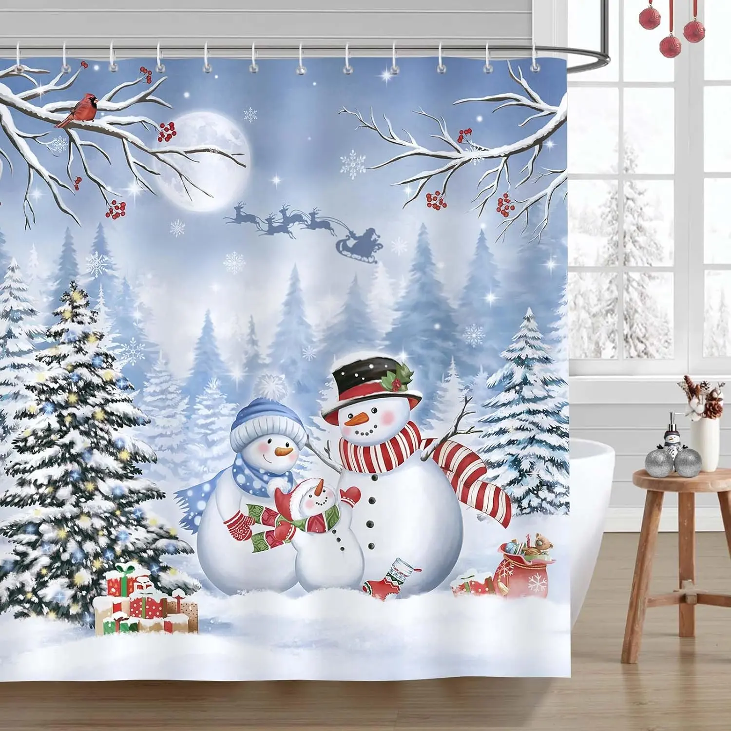 Christmas Snowman Shower Curtain, Xmas Tree Santa Sleigh Snowy Forest Winter Night Bathroom Curtain 72 x 72 Inch Polyester Fabric Waterproof Bath Curtain with 12 Hooks