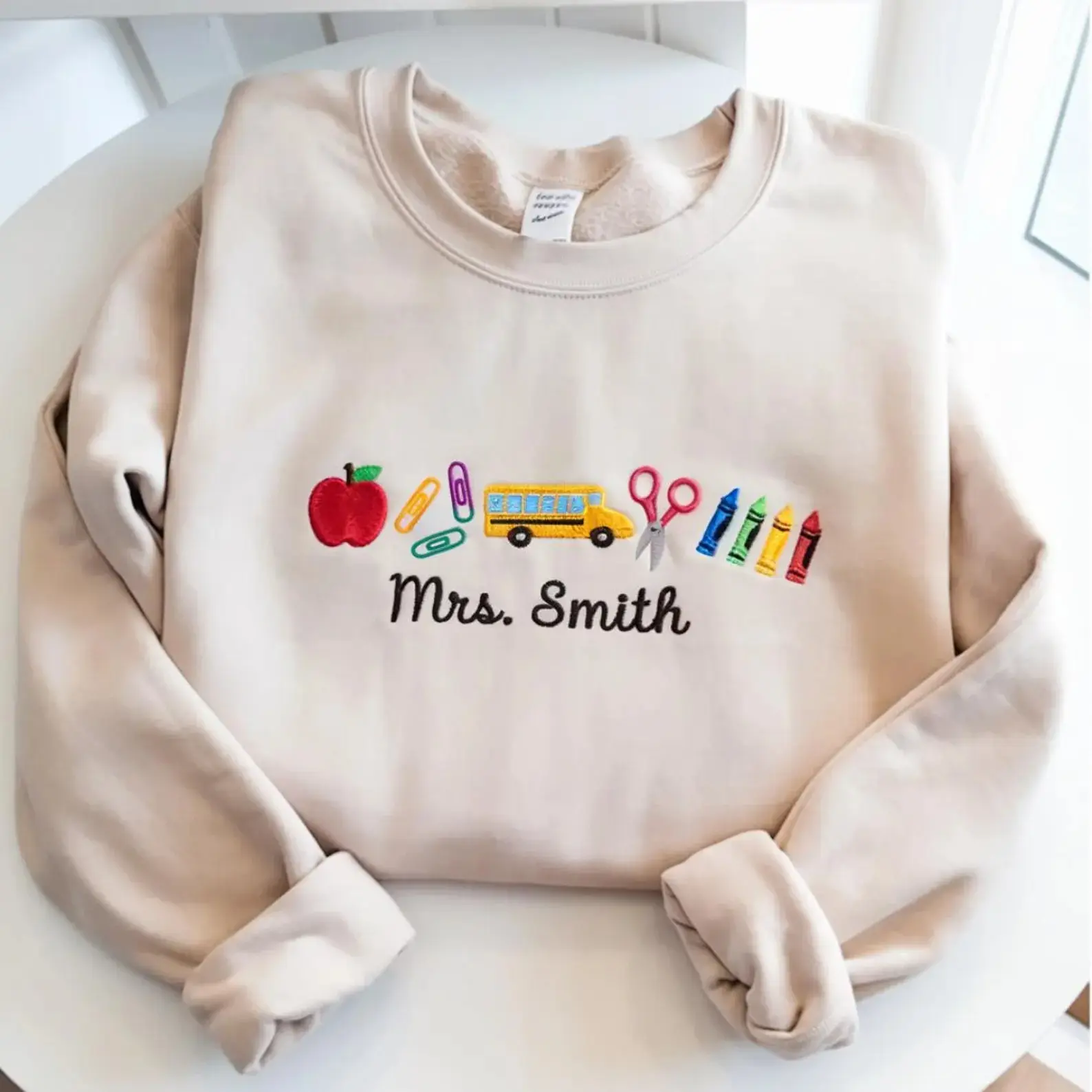 Embroidered Teacher Icons With Custom Name Sweatshirt, Teacher Appreciation gift, Crayon Teacher, Back to School Gift, Personalized Teacher