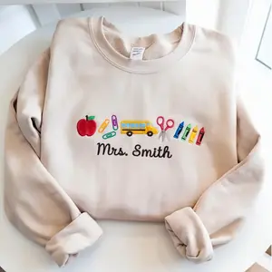 Embroidered Teacher Icons With Custom Name Sweatshirt, Teacher Appreciation gift, Crayon Teacher, Back to School Gift, Personalized Teacher