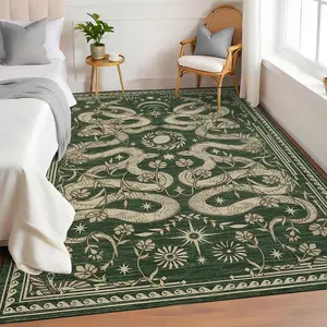 Snake Washable Rugs 5x7 Area Rug for Living Room Low Pile Non Slip Stain Resistant Thin Carpet for Bedroom Dining Room Forest Large Floor Rugs for Nursery Office, Green