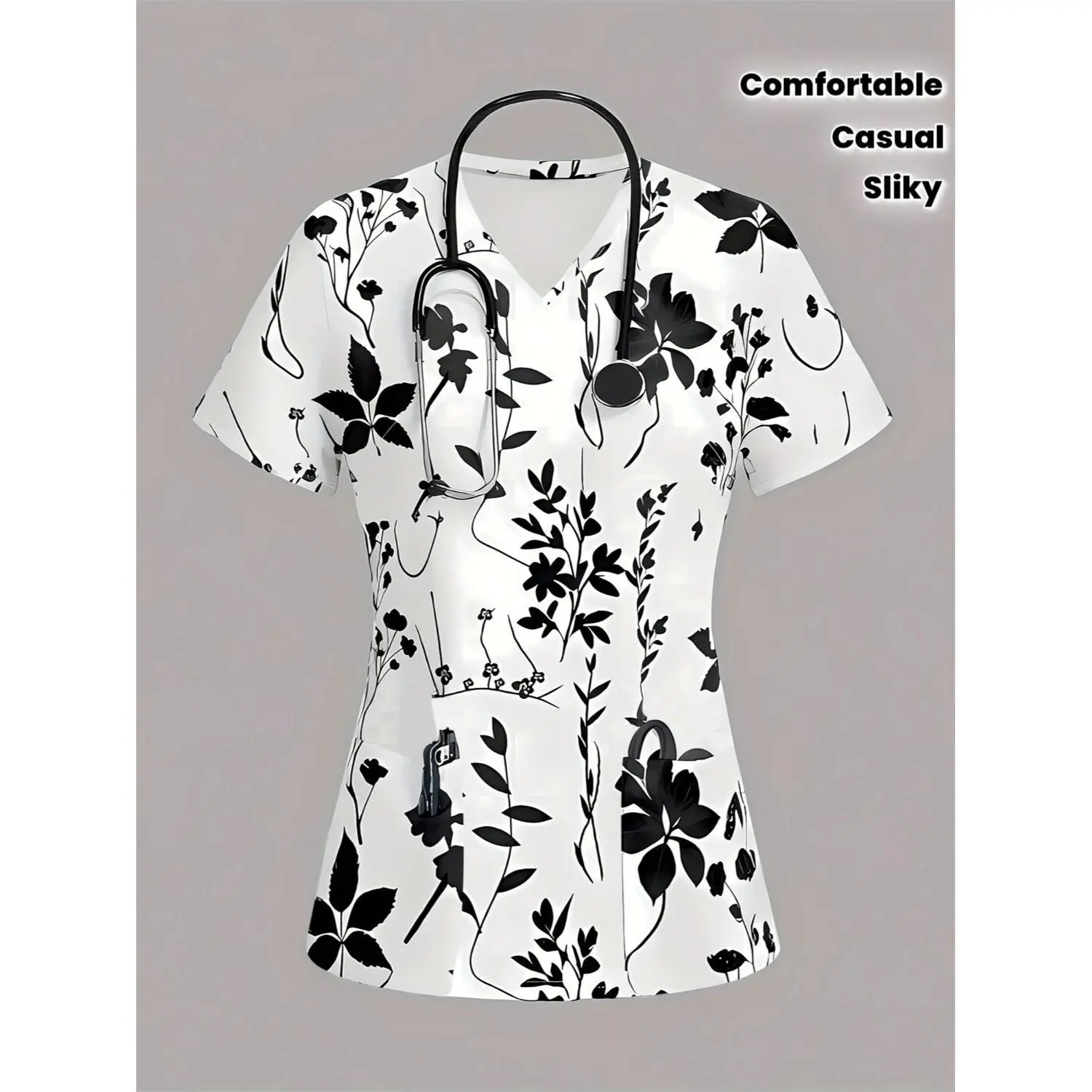 2025 Stylish Daily Casual V-Neck Nurse Uniform with Silky Fiber Fabric and Plant Digital Print Short Sleeves