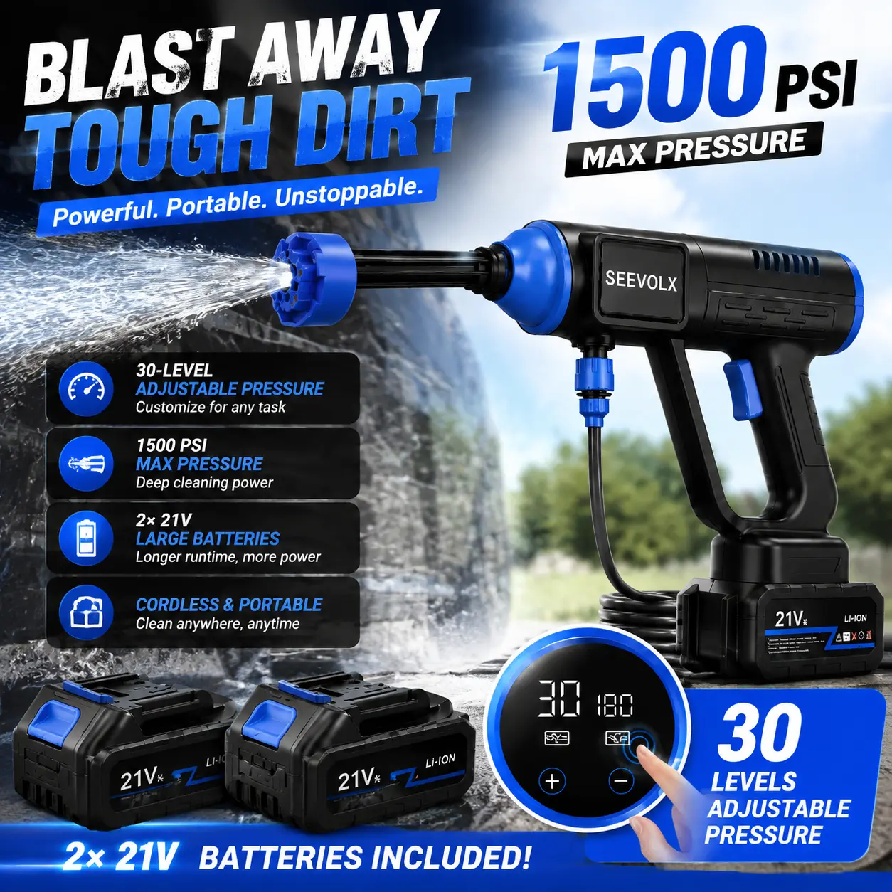 SEEVOLX Upgraded Cordless Portable Wireless High-Pressure Waterjet Washer - Dual Batteries for Long Runtime, 30-Level Adjustable with Digital Display, Rechargeable, 6-in-1 Nozzle, Lightweight Powered Exterior Washer for Car, Patio, Pressure Washer, Portab